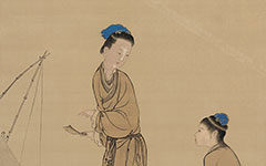 书画高清-孟母教子图 康寿 清代 绢本64X142